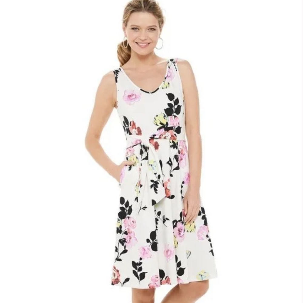 Apt 9 Floral Dress Belted Pockets Size Medium Modal Bohemian Stretch Midi Boho M